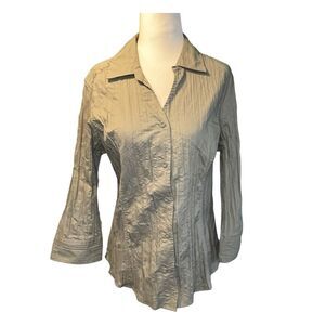 Sonoma Button Down Shirt Green Gauzy Knit Pleated 3/4 Length Sleeve Y2K M